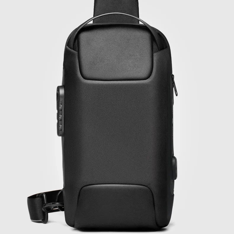 Black minimalist anti-theft sling bag with combo lock, designed for urban commuters and travelers