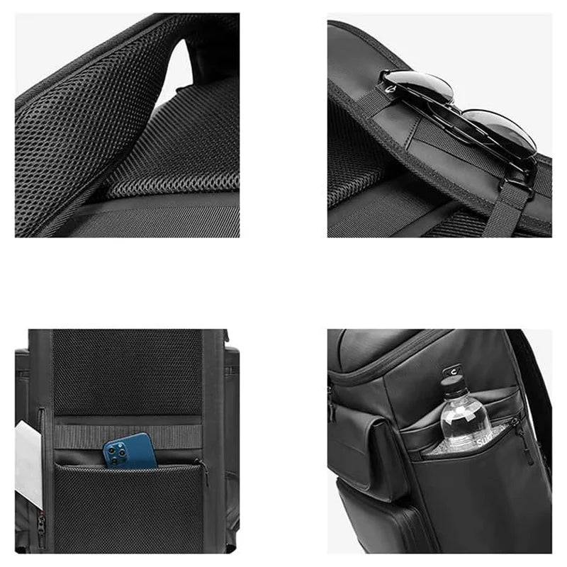 Black tech backpack with mesh pockets, sunglass strap, phone slot, and water bottle holder for commuters