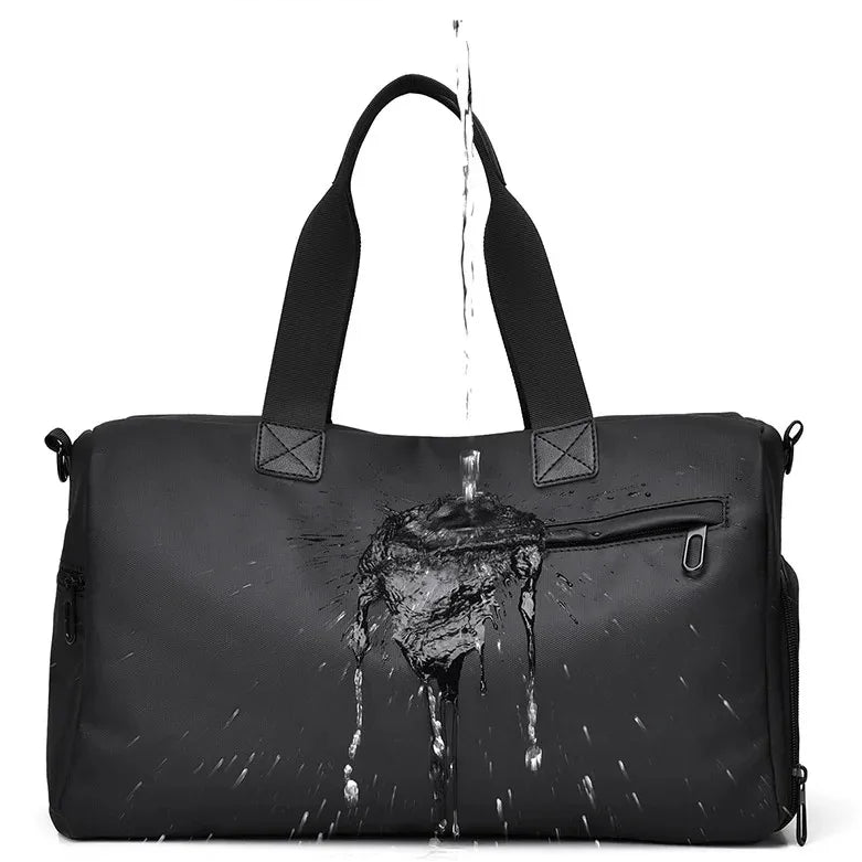 Waterproof black duffel bag with water beading off surface, ideal for commuters and travelers