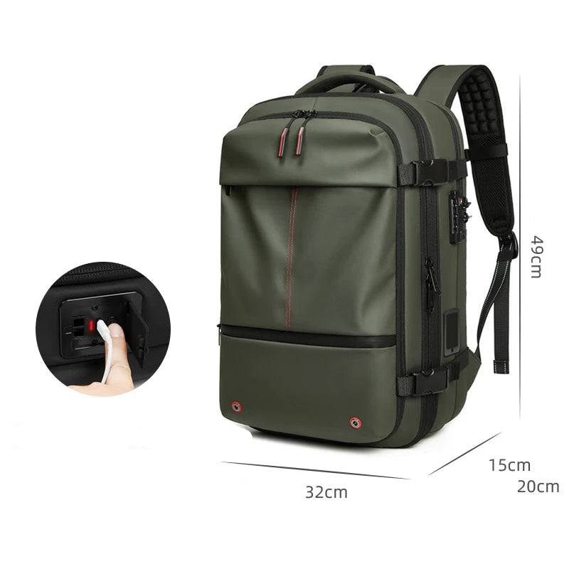 Olive green tech backpack with one-click pump, anti-theft zippers, and dimensions for commuters