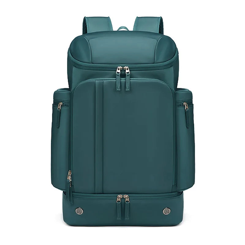 Teal minimalist travel backpack with anti-theft zippers and vacuum compression compartments for commuters