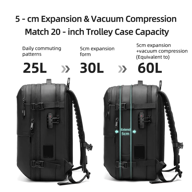 Black travel backpack with 5cm expansion & vacuum compression, 25L to 60L capacity for commuters