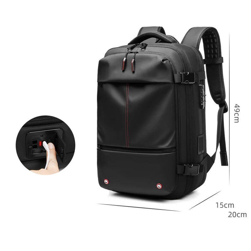 Black anti-theft travel backpack with one-click pump, 49cm height, vacuum compression, USB port, sleek urban design