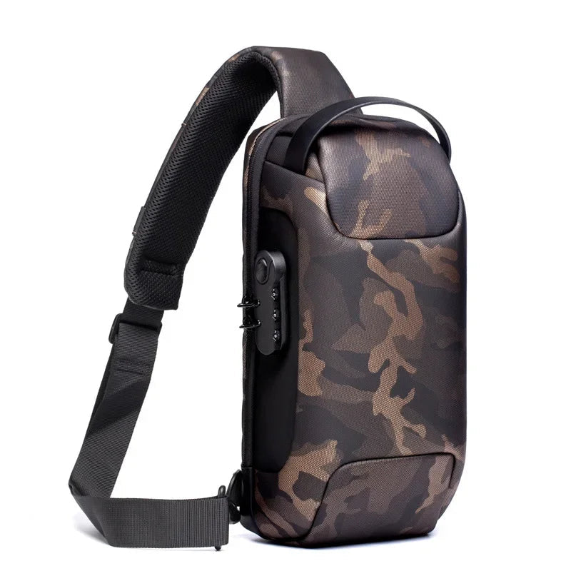 Camouflage anti-theft sling bag with padded strap and combo lock for urban commuters