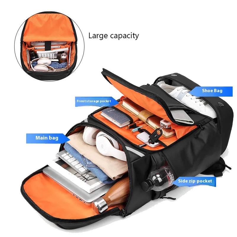 High-capacity travel backpack with organized compartments, shoe bag, and side zip pocket for commuters