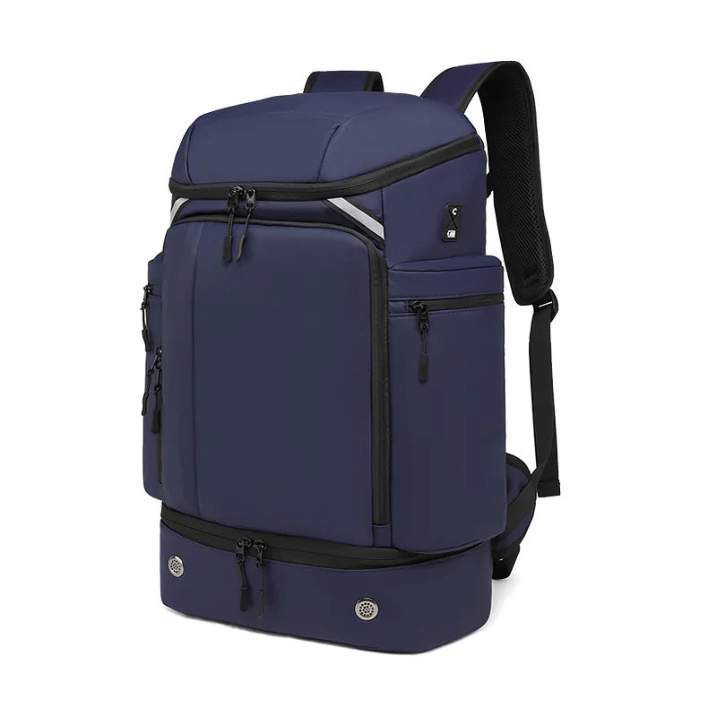 Navy blue technical backpack with anti-theft zippers and vacuum compression for commuters and travelers