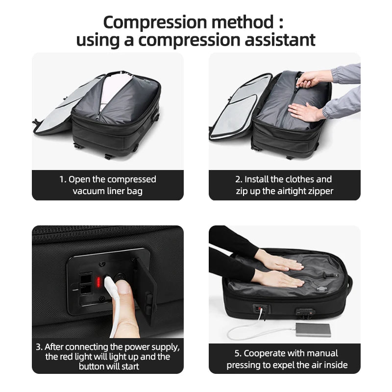 Vacuum compression luggage system with step-by-step air removal using power assist and manual press