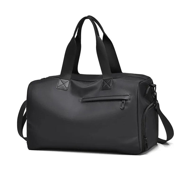 Black microside duffel bag with top handles and side zip pocket, sleek design for travel and commuting