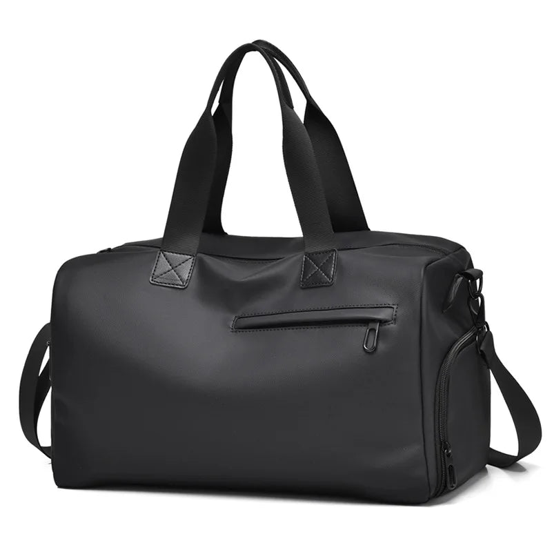 Black minimalist duffel bag with top handles and side zipper, ideal for travel and commuting