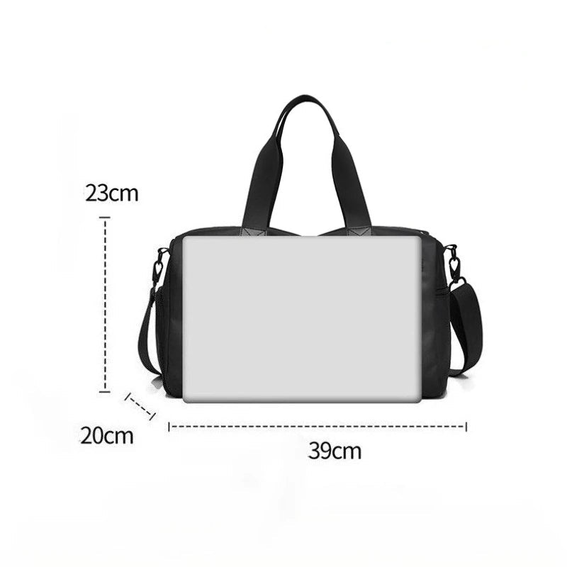 Black travel duffel bag with dimensions: 39cm x 23cm x 20cm, ideal for commuters and travelers