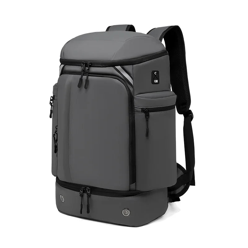 Sleek gray travel backpack with anti-theft features and vacuum compression for commuters and global travelers