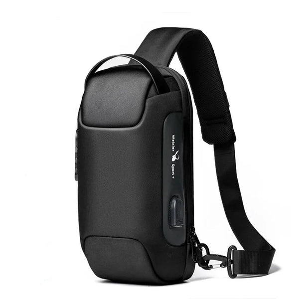 Black minimalist anti-theft sling bag with adjustable strap and secure zipper for urban commuters
